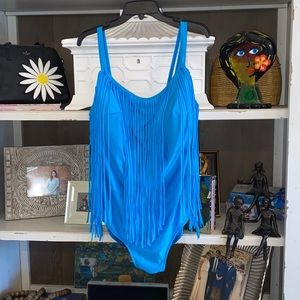 Inches away 24 W blue fringe one piece swimsuit